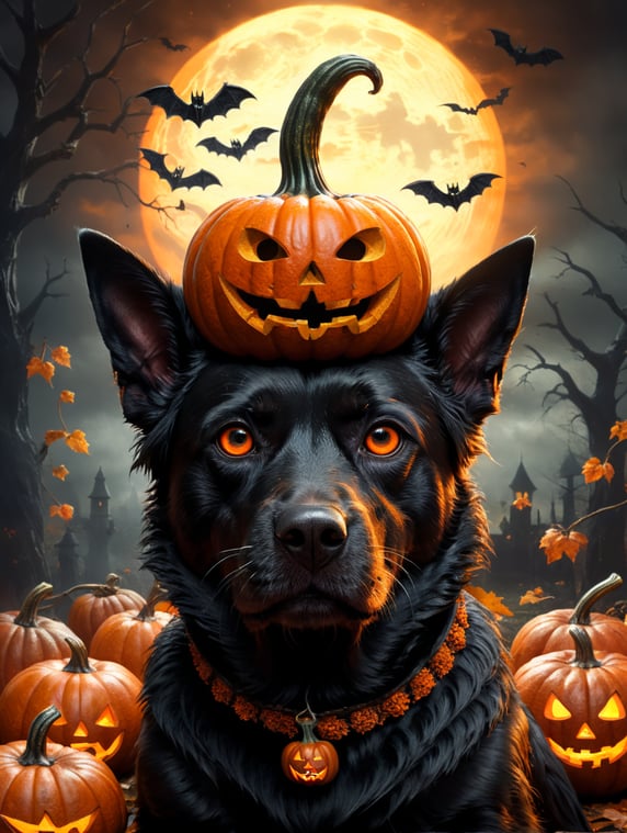 a black dog with Halloween pumpkin head, photorealistic illustration, scary, dark