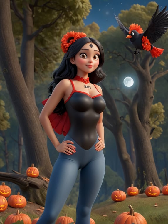 Eiza González, Dark Night, In the background a forest, A bright moon, Halloween day, black crows, tits, pumpkins, A red gerbera on the head on the right side, textile black leotard, blue jeans