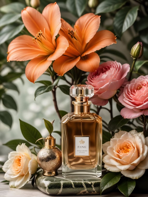 Floral background with modern perfume bottle with blanc white label and snake wrapped around the bottle