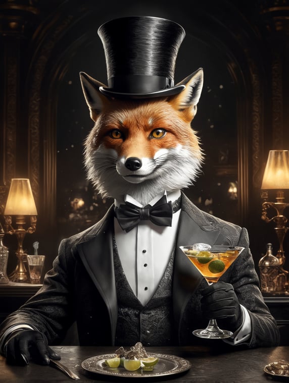 fox with top hat holding a martini black and white illustration