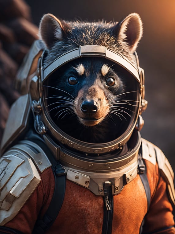 A Tasmanian devil like a Rocket Raccoon from Guardians of the Galaxy wearing astronaut costume on the Mars