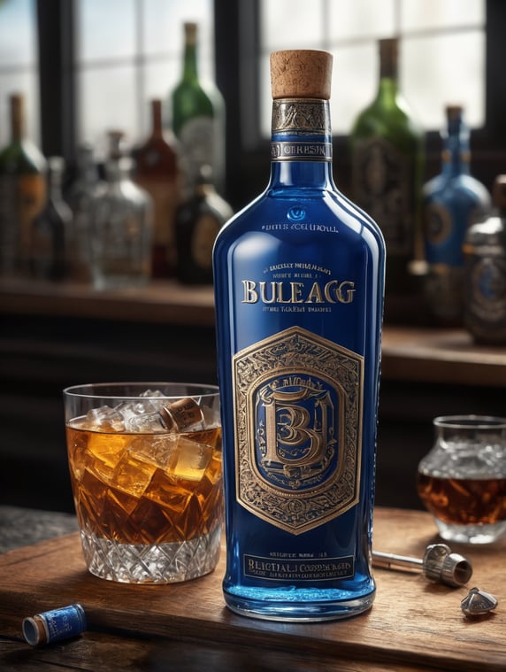 i want to make a 500ml cocktail bottle with blue drink inside the bottle filled to the top with a wooden cork and embossed logo that says 'blueflag'. no label on the bottle, text is just straight printed onto the bottle itself. make sure the name on bottle is blueflag and make the bottle smaller like 500ml sized and design on bottle is automotive themed
