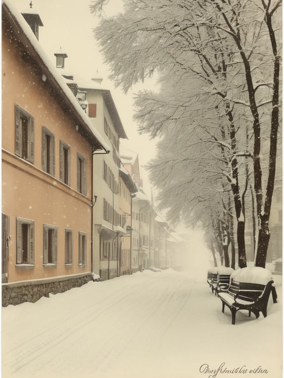 snowfall, austrian postcard, retro