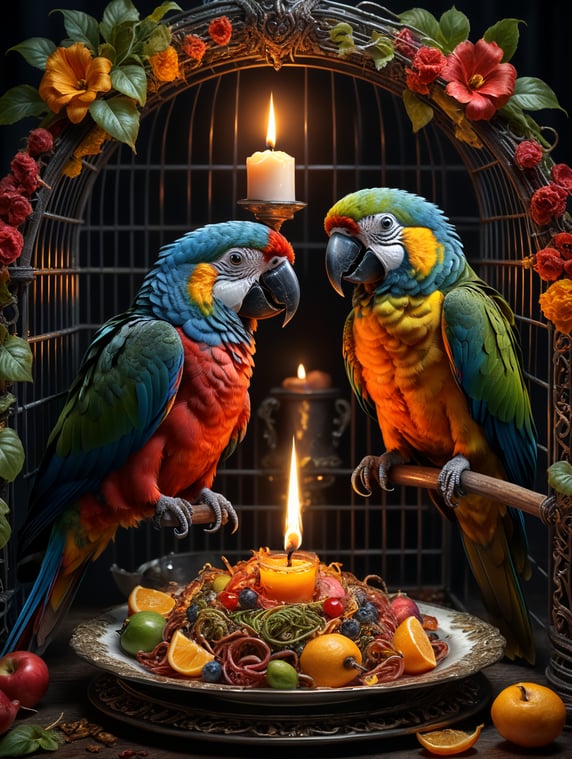 two colorful parrots having romantic dinner inside their cage, eating a plate of worms, pulling both ends of the same worm, candle light
