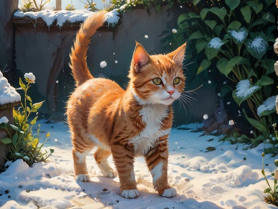 side view of ginger kitten playing in the snow in a small English garden