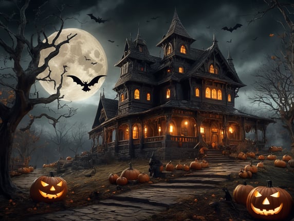 Spooky Halloween scene with a witch on a broomstick flying in front of the moon and a large haunted house on a hill with a winding path leading up to it. There are several jack-o-lanterns scattered around the scene, some on the path and some on the hill. There are bats flying in the sky and dead trees in the background.