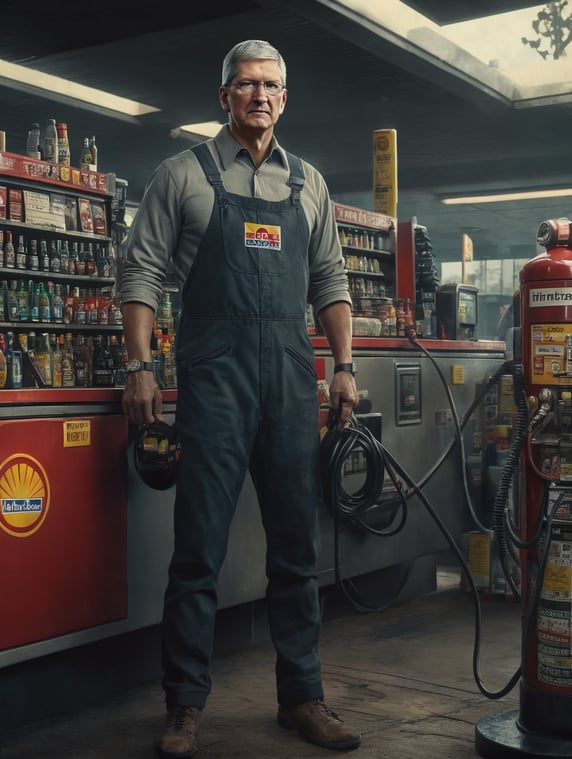 Tim Cook as a gas station worker; Tim Cook als Tankstellenarbeiter