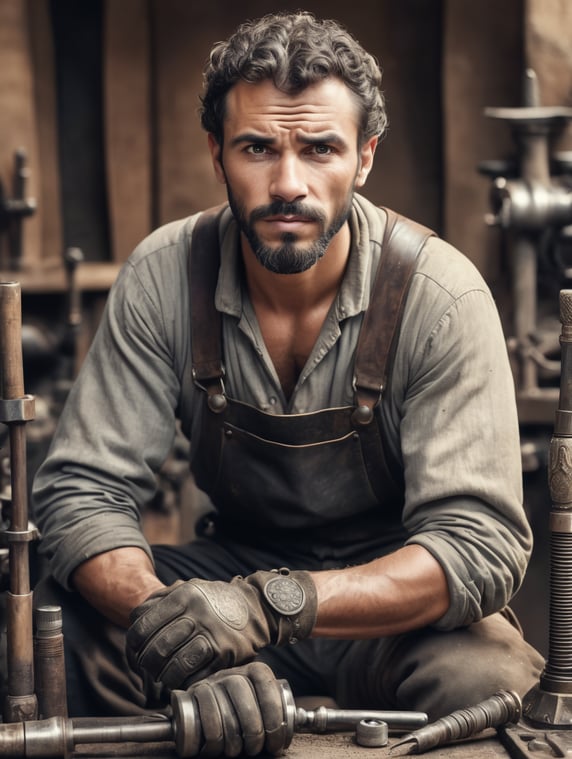 Medieval Mechanic. Engaged in engineering trade. looks at us