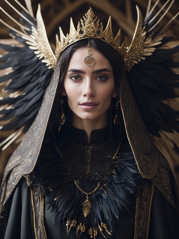 a smiling Beautiful woman who has large black crow feather wings wearing arabic fashion black cloak and gold crown in the Renaissance ottoman mosque background, detailed gorgeous face, depth of field, HOF, hall of fame, photo realistic, golden jewelry, shiny, sunlight fractal details, detailed gorgeous face, smiling