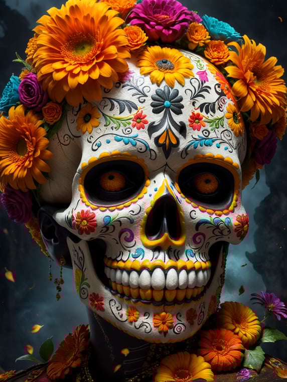 majestic Day of the Dead offering with marigold flowers, pumkin pie, lots of color and sugar skulls celebrated in Mexico with a mystical background