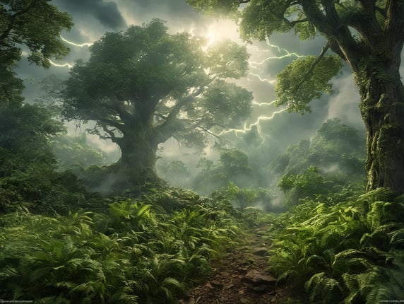 Heavy green fog, heavy green smoke, huge green lightning bolt striking a tree, Dark overgrown forest, cannabis growing everywhere, sunshine peeking between the clouds, highly detailed, sharp focus, dramatic lighting, depth of field, incredibly high detailed