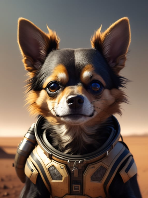 A Chihuahua like a Rocket Raccoon from Guardians of the Galaxy wearing astronaut costume on the Mars