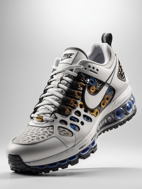 Nike sneakers made out gears, wires, mechanical, electronics, pcb, hyper-realis, futurist, stunning unreal engine render, product photography 8k, hyper-realistic. surrealism