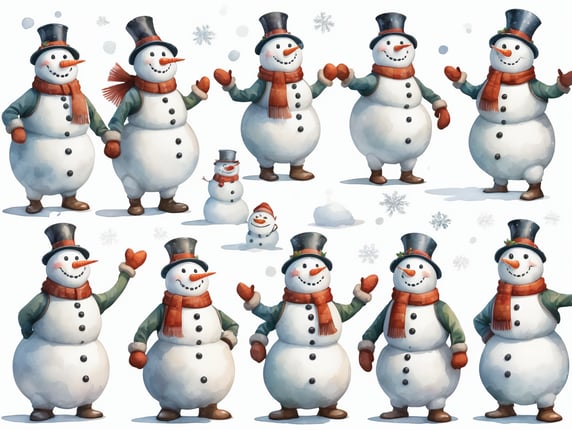 Snowman, different angles and expressions, full body only character sheets, multiple poses, white background, whimsical watercolor