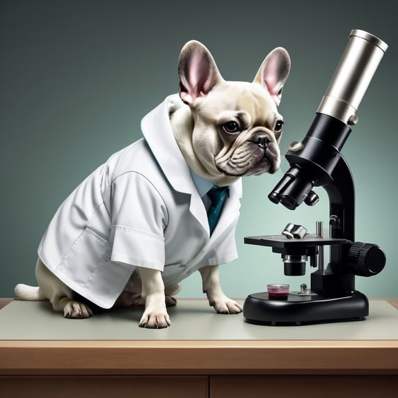 French bulldog into a microscope. Laboratory scene. Wearing an open laboratory coat. Petrie dish.