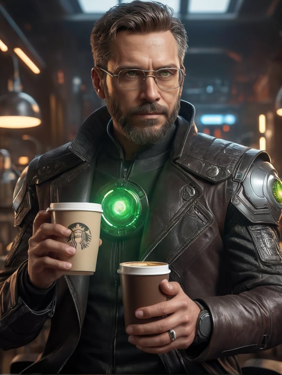Describe a cyberpunk character named Steve who embodies excitement and thoughtfulness. He has green eyes, thinning brown hair, and wears a black leather coat. His beard frames his face, and he dons titanium glasses. In a futuristic sci-fi lab, portray him holding a 3D hologram of a coffee cup in his palm