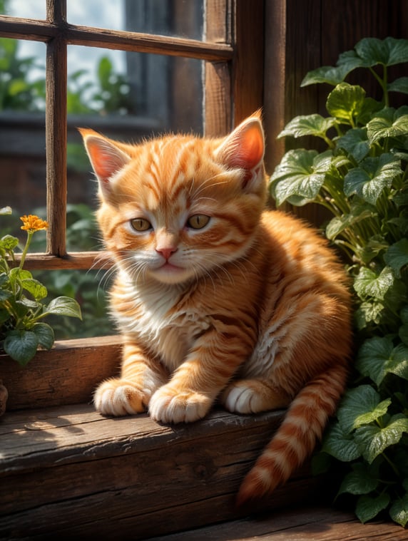 Small ginger kitten curled up asleep, eyes closed, on a wooden windowsill. Small garden viewed through the window.