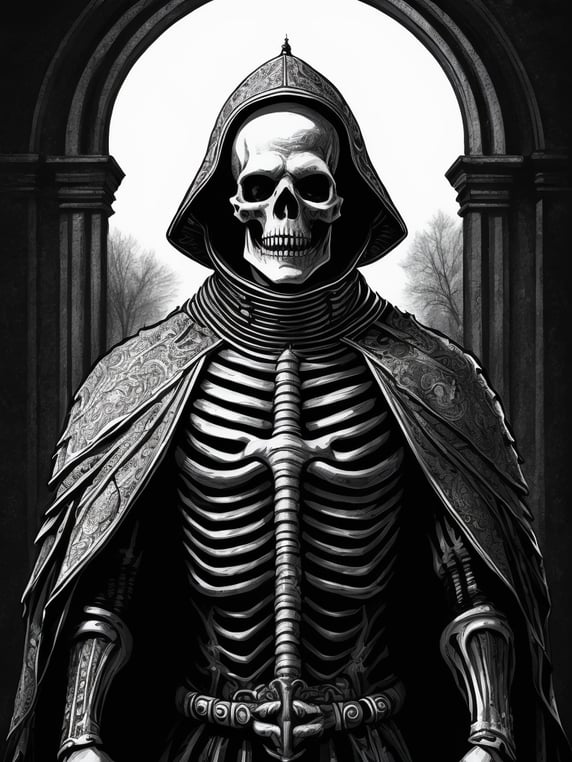 A black and white ink illustration of a scary skeleton pope, very detailed, cross hatching, gig poster, dark art