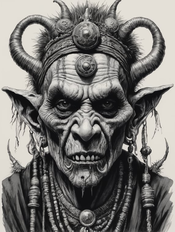 Black and white pen sketch, scary ugly witch doctor very detailed