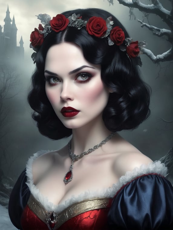 Fairy-tale Snow White, portrayed as a chillingly beautiful vampire, her skin glowing eerily in the dimming twilight, crimson lips against pale visage, amongst her band of dwarves, no longer jolly miners rather, they have morphed into grotesque mutant zombies, their forms twisted, eyes glowing with unearthly light, all set against an otherworldly backdrop that blends wistfully with the boundaries of the supernatural, digital painting, eerie atmospheric lighting, gothic style,