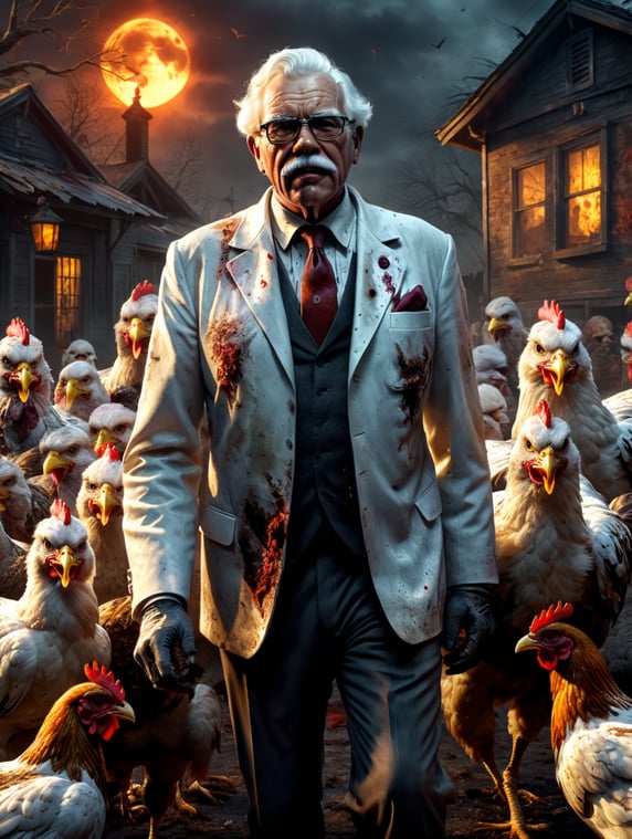 Colonel Sanders as a zombie surronded by chicken, dark and scary scene, Halloween style