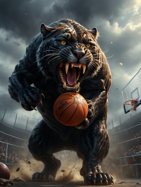panther roaring holding a basketball