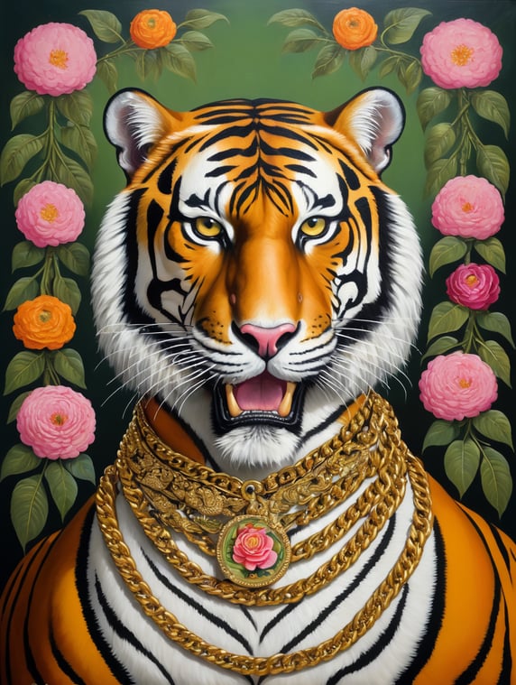 a brutal tiger with gold chain on neck, flowers background, style of Catherine Nolin, Painting, Acrylic, Oil, Portrait, Interior, USA