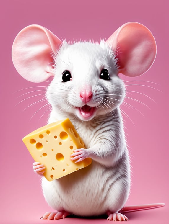 cute pink rat holding a cheese