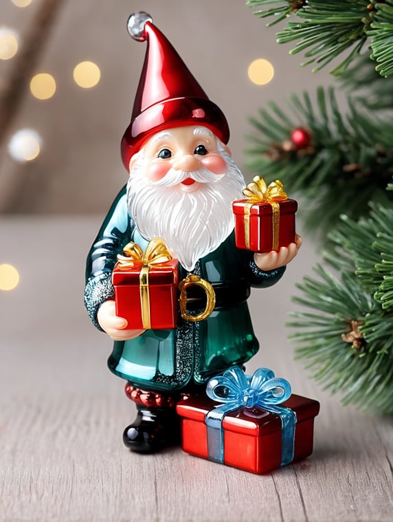 Old gnome small glass glass figure holding gift box, christmas toy for the christmas tree
