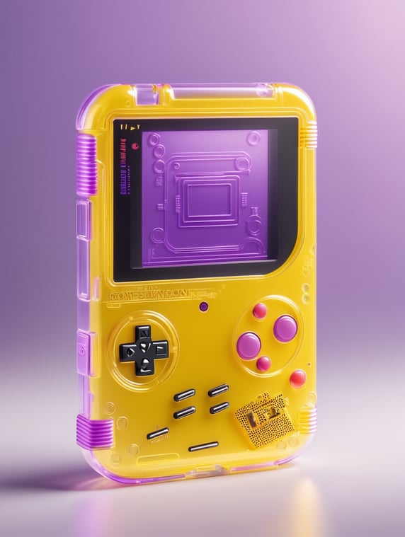 3d render retro tiny cute yellow game boy translucent plastic case, neon light, purple background
