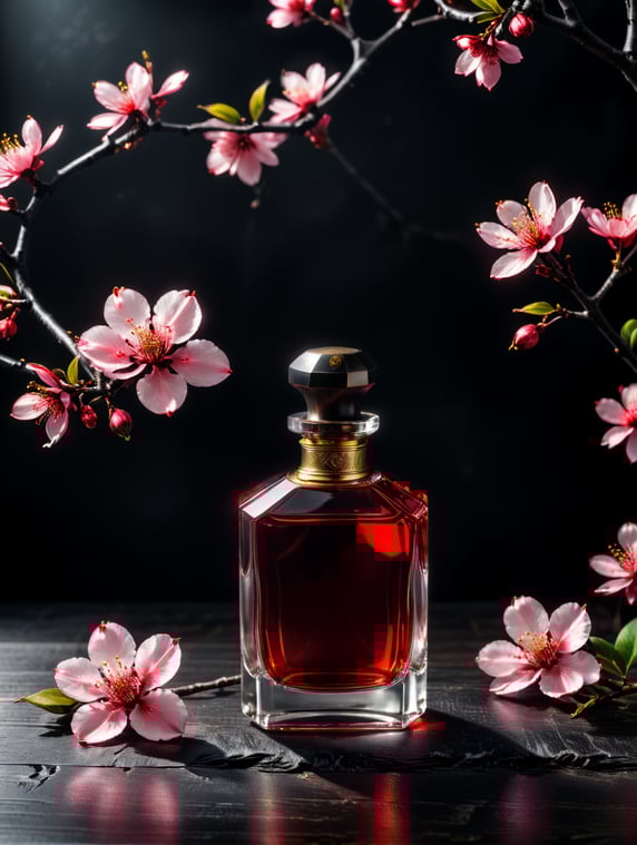 professional photography of a luxury perfume bottle on a black wooden desk, red satin scarf and sakura blossom in the background, no label, clear, mockup