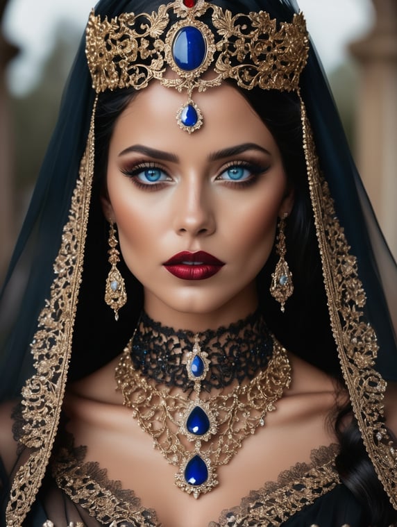 Deeply tanned woman with blue eyes and red lips wearing a black veil and an ornate gold metal and diamond headpiece and necklace in a dark, moody setting