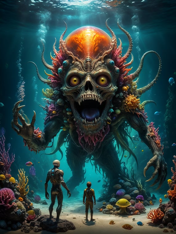 A Horror macabre creature standing under a deep ocean holding the hand of a little bright fantastical alien creature ((expressionism, Bright Colours, Professional Photography, contemporary)) : Ultra-realistic, ultra-photographic, HDRI, sharp Focus,