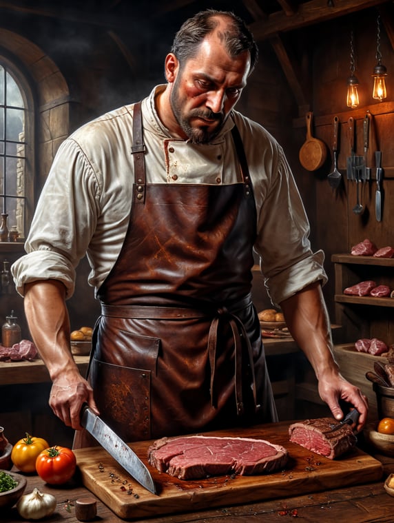 In a Renaissance painting style, get me a picture of a medieval butcher, wearing a leather apron, slicing beef on a wooden board