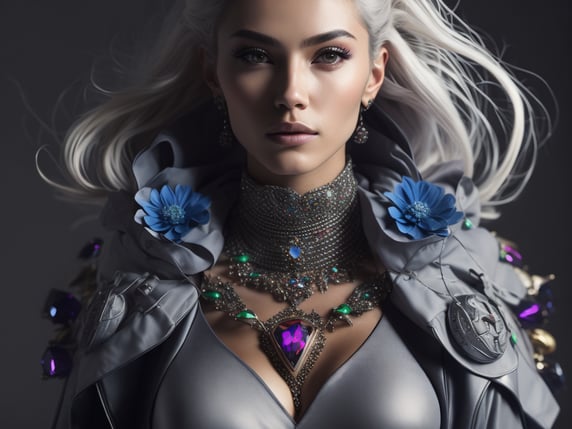 Pretty girl, she has grey pastel dyed hair, blue flowers in hair, elegant, fashion magazine, strong, powerful, sexy, in white hoodie, sharp focus, highly detailed, bright and saturated colors, photography in studio, the photo should be waist-length,with futuristic elements on clothes,big boobs, award winning photography, arty pose, fashion, diaphanous layered ultra haute couture, high definition, high resolution, bold vibrant colors , volumetric lighting, 8k, 3d render,retrofuturistic massive huge jeweled necklace