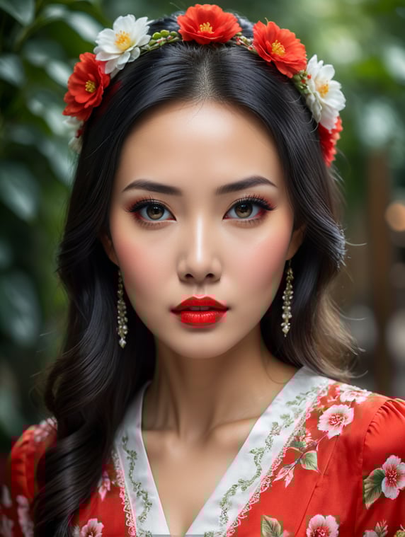 portrait photographic, frontal portrait of Vietnamese women, beautiful women, lovely face, high noise, black eyes,beautiful charming eyes, eyes make up fashion , red lips, beautiful lips, she wearing cute dress, fashinista dress floral white, fashionista black hair, beautiful face make up.Photo taken by Canon EOS 1D mark 4 with Canon EF70-300mm F4-5.6 IS II USM lens, Av mode, f 7.1, 1 250 , ISO 200, White Balance Auto. Best quality