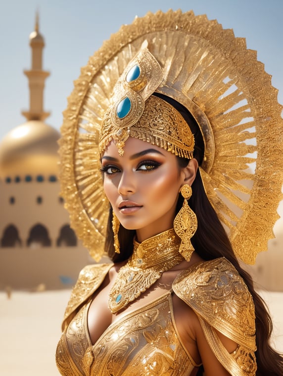 A tan skin middle eastern lady, all gold elaborate outfit, with huge headpiece center piece, gold makeup with oversized headdress based off dubai landmarks, with depth of field, fantastical edgy and regal themed outfit, captured in vivid colors, embodying the essence of fantasy, minimalist.