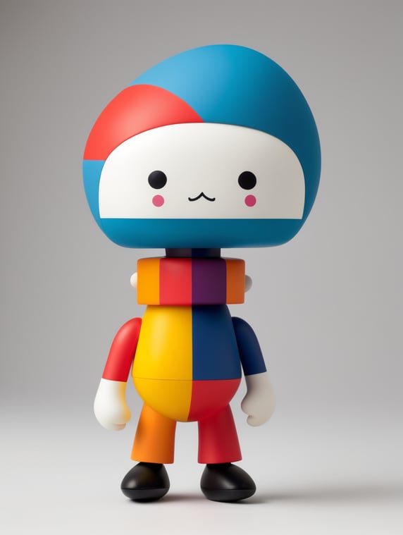 Vinyl toy of a skater character with lots of hair in vibrant colors inspired by the Bauhaus triadic ballet in a minimalist design set; Vinil toy de un personaje skater con mucho pelo de colores vibrantes inspirados en el ballet triadico de la Bauhaus en un set design minimalista