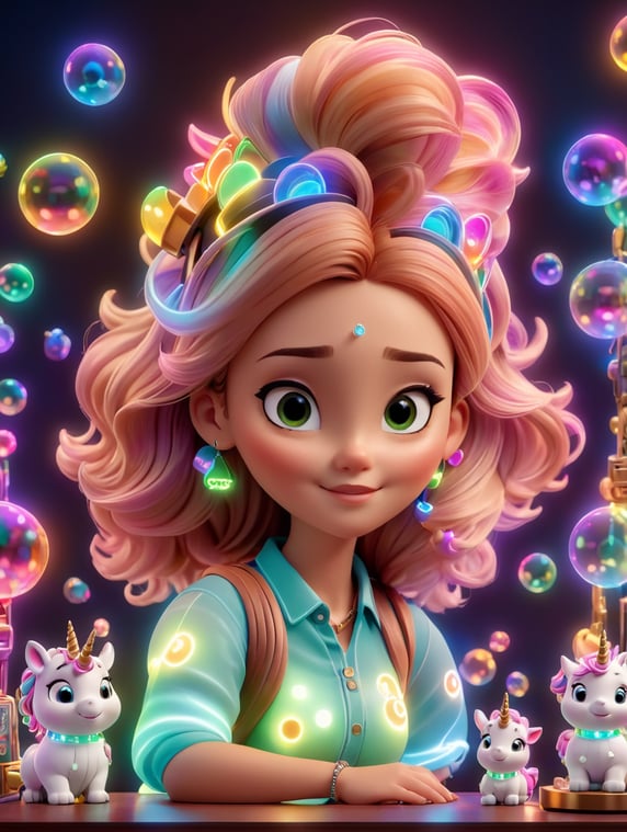 young woman, creative, cool, in a desktop, with neon lights, eCommerce, pixar style, unicorns, bubbles, fans, love, pixel style, binary, tech