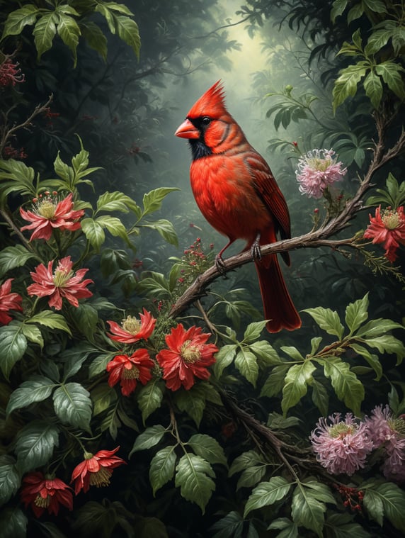 An Edwardian botanical oil painting, illustration of a red cardinal bird on a branch surrounded by flora and fauna