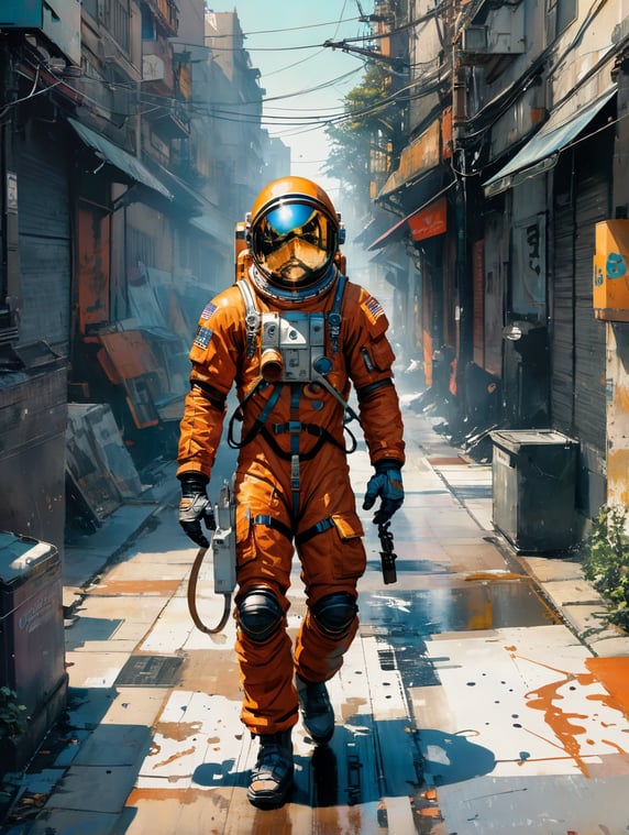 Vintage 90's anime style. a lonely astronaut walking down the by hajime sorayama, greg tocchini, virgil finlay, sci-fi. line art. environmental arcade art.
