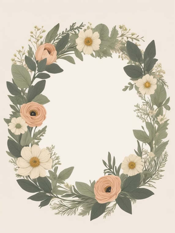 Vintage botanical rounded frame wreath illustration, flower circle frame, wedding day