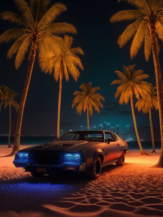 hyper realistic neon palette, highly detailed Miami at nighttime, pistol laying in the sand, palm trees, unreal engine, octane render, cinematic lighting, y2k, bright colors, hyper realistic, low angle, 16k, 8K UHD, 8K texture, cinematic, rim lighting, neon palette, color theory, dramatic, volumetric lighting, 35 mm, in focus, unreal engine, highly detailed, octane render, ultra-high resolution.