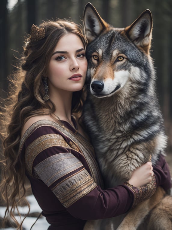 Portrait of a Beautiful women from Russian fairytale wearing traditional costume hugging a wolf
