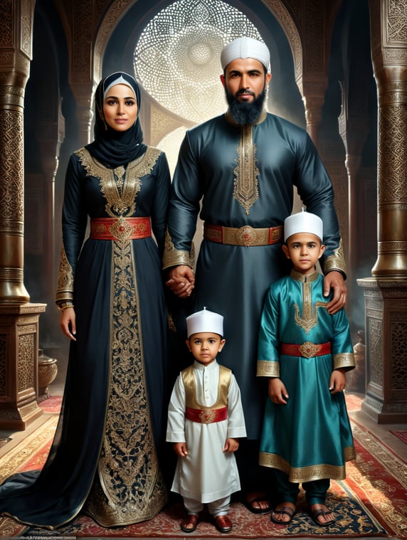 Muslim husband and wife couple with two sons, one of whom is 5 years old and the other is 8 years old