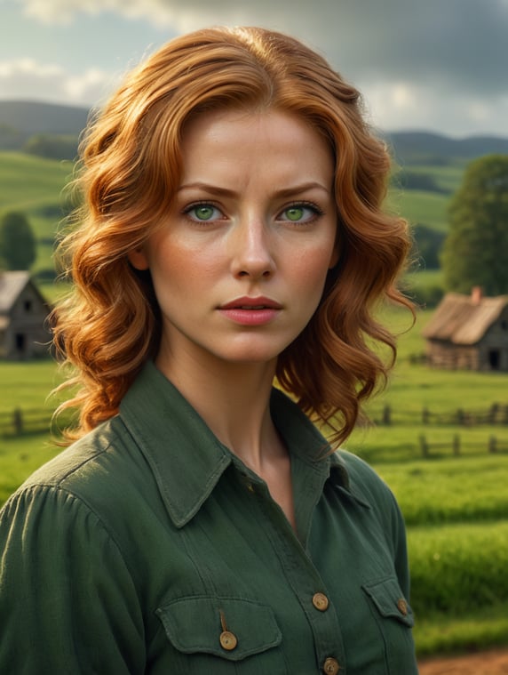 woman in her late 20's with ginger hair no makeup in a 40's period typical hairstyle. countryside background. almond-shaped light green eyes. tired-looking, a bit shabby but still pretty flawed complextion farm clothes