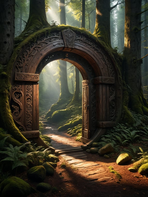 a wood bright engraved portal in the forest