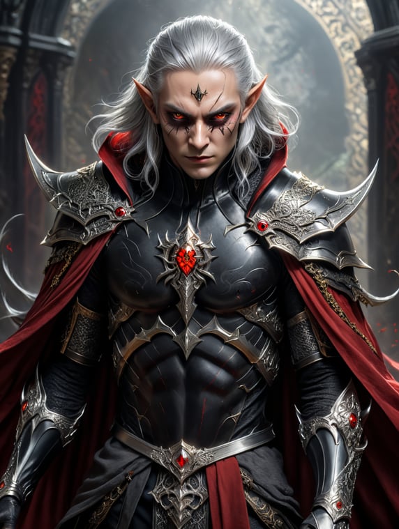 Black Sword wielding wizard dark elf red eyes silver hair spider silk cloak gold inlay