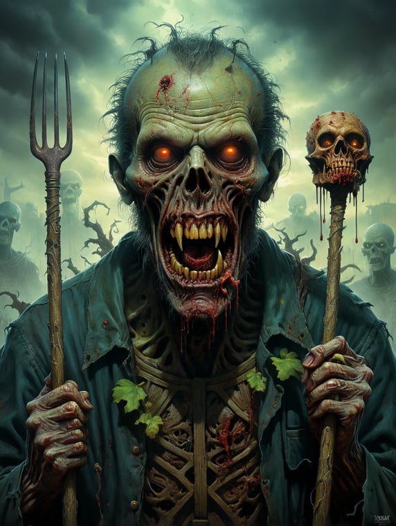 Zombie holding a pitchfork, Necronomicon, zombies, monsters,, Vivid saturated colors, Contrast color Rotting flesh ,hored of flesh horror, ironic, creepy, scary caricature, satire, hyperdetailed illustration by Brian Bolland and iconic, hyperdetailed, digital illustration by Derek Riggs, (iconic, hyperdetailed, haunting digital illustration by Zdzisław Beksiński and Peter Gric. ) and artist Vincent Locke