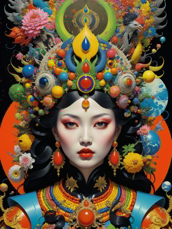 goddess of avarice, gorgeous stunning pop-art collage by Yoh Nagao and Ken Price and Erik Madigan Heck